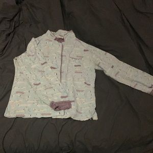 Long sleeve button up pajama shirt with dog print